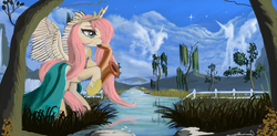 Size: 8907x4372 | Tagged: safe, artist:auroriia, fluttershy, alicorn, pony, g4, absurd resolution, alicornified, cape, clothes, cloud, cloudy, crown, female, fence, fluttercorn, musical instrument, princess, race swap, river, saxophone, scenery, solo, stars, tree