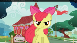 Size: 1366x768 | Tagged: safe, screencap, apple bloom, earth pony, pony, turnabout storm, g4, double rainboom puppet, female, flag, looking at you, solo, youtube