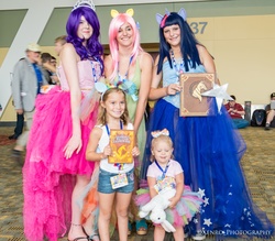 Size: 3734x3264 | Tagged: artist needed, safe, fluttershy, rarity, twilight sparkle, human, bronycon, bronycon 2013, g4, book, child, clothes, convention, cosplay, dress, irl, irl human, photo, target demographic