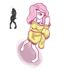 Size: 700x761 | Tagged: safe, artist:romanrazor, fluttershy, human, g4, barefoot, bottomless, clothes, feet, female, high angle, humanized, off shoulder, off shoulder sweater, solo, sweater, sweatershy