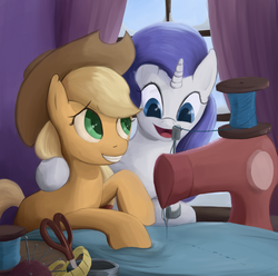 Size: 1260x1250 | Tagged: safe, artist:bakuel, applejack, rarity, g4, friendship, scissors, sewing machine