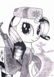 Size: 748x1067 | Tagged: safe, artist:karpiupl, rarity, g4, ak-47, assault rifle, clothes, female, hat, heart, military, monochrome, sketch, solo, soviet, uniform, ushanka