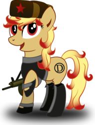 Size: 780x1023 | Tagged: safe, artist:karpiupl, oc, oc only, earth pony, pony, aa-12, clothes, female, gun, hat, krasnaya yskra, mare, military, red star, shotgun, solo, uniform, ushanka