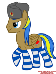 Size: 774x1032 | Tagged: safe, artist:orang111, oc, oc only, oc:rack redstar, pegasus, pony, clothes, hat, rack redstars, red star, socks, solo, striped socks, telnyashka, ushanka