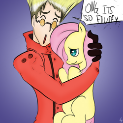 Size: 600x600 | Tagged: safe, artist:apple-07, artist:dariathedevil, fluttershy, human, g4, colored, crossover, hug, trigun, vash the stampede