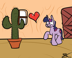 Size: 3000x2400 | Tagged: safe, artist:s8ansglory, twilight sparkle, pony, unicorn, g4, cactus, cactwi, cargo ship, female, heart, mare, potted plant, raised hoof, saguaro cactus, shipping, solo, this will end in tears, unicorn twilight