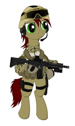 Size: 988x1663 | Tagged: safe, artist:orang111, oc, oc only, pony, assault rifle, clothes, female, gun, headset, helmet, hk416, infantry, mare, military, mk 18, soldier, solo, uniform