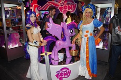 Size: 4928x3264 | Tagged: safe, artist:blakstarr, applejack, rarity, twilight sparkle, human, g4, clothes, coronation dress, cosplay, dress, irl, irl human, photo, san diego comic con, sword, twilight sparkle (alicorn)