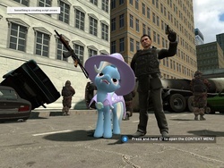 Size: 1024x768 | Tagged: safe, artist:orang111, trixie, g4, 3d, aks-74u, assault rifle, call of duty, car, crossover, gmod, gun, pistol, soldier, vladimir makarov