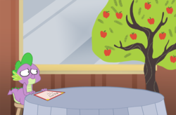 Size: 800x524 | Tagged: safe, artist:spike-replies, bloomberg, spike, dragon, g4, date, frown, male, menu, sad, solo, spike-replies, table, tree, wide eyes, window