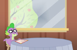 Size: 800x524 | Tagged: safe, artist:spike-replies, bloomberg, spike, dragon, g4, apple, apple tree, date, male, menu, sad, ship:spikeberg, sitting, solo, spike-replies, table, tree