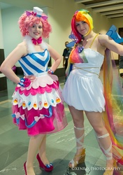 Size: 3264x4635 | Tagged: safe, artist:seibatooth, artist:xen photography, pinkie pie, rainbow dash, human, g4, anime boston, anime boston 2013, clothes, cosplay, dress, gala dress, hand on hip, irl, irl human, photo