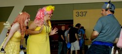 Size: 1024x460 | Tagged: safe, artist:atrusoranis, fluttershy, iron will, human, bronycon, bronycon 2013, g4, convention, irl, irl human, photo