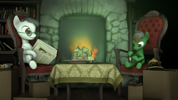 Size: 1920x1080 | Tagged: safe, artist:texas-doughnut, oc, oc only, pony, 3d, chair, duo, fireplace, newspaper, table