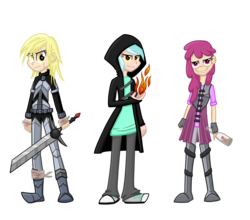 Size: 3600x3168 | Tagged: safe, artist:thecheeseburger, berry punch, berryshine, derpy hooves, lyra heartstrings, human, g4, alcohol, armor, bandage, bottle, broken sword, clothes, coat, eye scar, fantasy, fantasy class, female, fire, hood, humanized, lidded eyes, scar, simple background, sword, transparent background, trio, weapon, woman