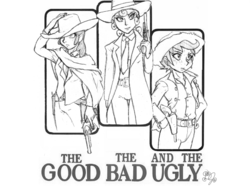 Size: 1024x768 | Tagged: safe, artist:dj-black-n-white, apple bloom, scootaloo, sweetie belle, human, g4, cutie mark crusaders, gun, humanized, monochrome, parody, pistol, revolver, the good the bad and the ugly, trigger discipline, triptych, western