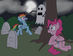 Size: 2362x1813 | Tagged: safe, artist:rapidstrike, pinkie pie, rainbow dash, ghost, g4, bedsheet ghost, prank