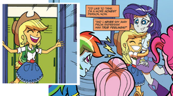 Size: 573x318 | Tagged: safe, idw, official comic, applejack, fluttershy, pinkie pie, rainbow dash, rarity, equestria girls, g4, spoiler:comic, cowboy hat, cropped, female, hat, hug, humane five, out of context, shipping fuel