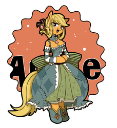 Size: 686x751 | Tagged: safe, artist:うめぐる, applejack, earth pony, anthro, semi-anthro, unguligrade anthro, g4, arm hooves, breasts, busty applejack, clothes, dress, female, pixiv, solo, swapped cutie marks, what my cutie mark is telling me