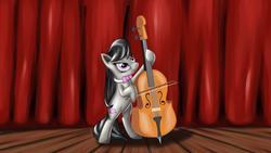 Size: 1600x900 | Tagged: safe, artist:polex-p, octavia melody, earth pony, pony, g4, bow (instrument), cello, curtains, double bass, female, looking up, musical instrument, solo