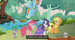 Size: 572x306 | Tagged: safe, screencap, applejack, pinkie pie, rainbow dash, rarity, spike, beaver, g4, keep calm and flutter on, clothes, dress, element of generosity, element of honesty, element of laughter, element of loyalty, hub logo, meme, necklace, youtube caption