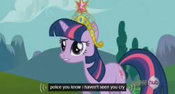 Size: 572x307 | Tagged: safe, screencap, twilight sparkle, g4, keep calm and flutter on, big crown thingy, crown, element of magic, female, hub logo, meme, police, solo, youtube caption
