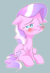 Size: 766x1120 | Tagged: safe, artist:sion, diamond tiara, earth pony, pony, g4, blushing, crying, cute, diamondbetes, female, floppy ears, missing accessory, sad, scrunchy face, sitting, solo, wavy mouth