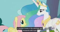 Size: 569x310 | Tagged: safe, screencap, princess celestia, g4, keep calm and flutter on, crown, hub logo, mark, meme, money, necklace, youtube caption