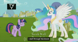 Size: 570x307 | Tagged: safe, screencap, princess celestia, twilight sparkle, alicorn, pegasus, pony, unicorn, g4, keep calm and flutter on, crown, facebook, female, male, mare, meme, necklace, pegasus royal guard, royal guard, stallion, tv rating, youtube caption