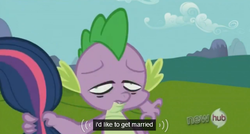 Size: 575x308 | Tagged: safe, screencap, spike, twilight sparkle, g4, keep calm and flutter on, hub logo, marriage, meme, stoner spike, youtube caption