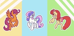 Size: 1131x555 | Tagged: safe, artist:glasswhistle, apple bloom, scootaloo, sweetie belle, g4, cutie mark crusaders, older, triptych