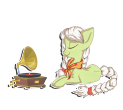 Size: 2800x2500 | Tagged: safe, artist:pastelflakes, granny smith, g4, female, gramophone, record, simple background, solo, transparent background, young granny smith, younger