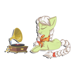 Size: 2800x2500 | Tagged: safe, artist:pastelflakes, granny smith, earth pony, pony, g4, female, gramophone, mare, record, simple background, solo, transparent background, young granny smith, younger