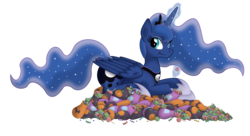 Size: 10692x5828 | Tagged: safe, artist:mysteriouskaos, princess luna, alicorn, pony, g4, :t, absurd resolution, candy, cheek bulge, crossed hooves, eating, ethereal mane, ethereal tail, featured image, female, folded wings, food, glowing horn, hoof shoes, horn, imminent stuffing, lollipop, looking at you, magic, nightmare night, one eye closed, peytral, princess shoes, prone, simple background, smiling, solo, starry mane, tail, telekinesis, transparent background, vector, wings, wink, winking at you