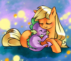 Size: 800x686 | Tagged: safe, artist:katiramoon, applejack, spike, dragon, earth pony, pony, g4, blushing, cuddling, cute, eyes closed, female, lying down, male, mare, needs more jpeg, prone, ship:applespike, shipping, sleeping, smiling, snuggling, spikelove, straight