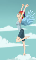Size: 800x1335 | Tagged: safe, artist:seismopac, rainbow dash, human, g4, armpits, barefoot, clothes, cloud, cloudy, feet, female, humanized, solo, stretching, tank top, winged humanization