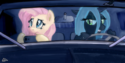 Size: 900x452 | Tagged: safe, artist:sevoohypred, fluttershy, queen chrysalis, changeling, changeling queen, pony, g4, car, cellphone, driving, duo, female, horn, horn impalement, night, phone