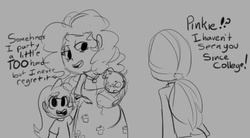 Size: 1263x699 | Tagged: safe, artist:mt, pinkie pie, oc, human, g4, baby, child, grayscale, humanized, monochrome, offspring, parent:pinkie pie, pregnant