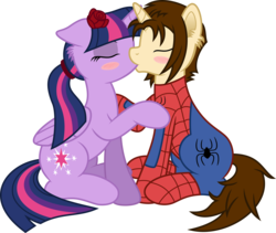 Size: 7104x6000 | Tagged: safe, artist:lailyren, artist:mactavish1996, twilight sparkle, alicorn, pony, spiders and magic: rise of spider-mane, g4, .svg available, absurd resolution, blushing, clothes, crack shipping, crossover, crossover shipping, duo, female, kiss on the lips, kissing, male, mare, peter parker, ponified, shipping, simple background, spider-man, spidertwi, straight, suit, transparent background, twilight sparkle (alicorn), vector