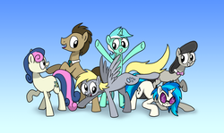 Size: 2150x1281 | Tagged: safe, artist:fimflamfilosophy, bon bon, derpy hooves, dj pon-3, doctor whooves, lyra heartstrings, octavia melody, sweetie drops, time turner, vinyl scratch, earth pony, pegasus, pony, unicorn, g4, 2013, artifact, background six, canterlot siege 2, fan game, female, flash game, game, male, mare, stallion