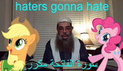 Size: 508x294 | Tagged: safe, applejack, pinkie pie, human, g4, arabic, caption, haters gonna hate, image macro, irl, irl human, lamp, photo, ponies in real life, private stock, text, troll