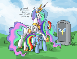 Size: 910x700 | Tagged: safe, princess celestia, rainbow dash, soarin', alicorn, pegasus, pony, g4, bitchlestia, butt, celestia's grave meme, exploitable meme, female, implied death, mare, meme, plot, rainbutt dash, sunbutt