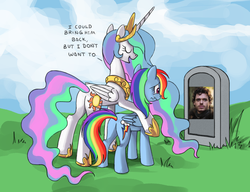 Size: 910x700 | Tagged: safe, princess celestia, rainbow dash, alicorn, human, pegasus, pony, g4, a song of ice and fire, butt, celestia's grave meme, crossover, crying, exploitable meme, female, game of thrones, grave, gravestone, implied death, mare, meme, plot, robb stark