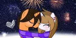 Size: 2000x1000 | Tagged: safe, artist:sandra626, oc, oc only, pony, unicorn, blushing, clothes, earring, female, fireworks, freakii, heart, justcola, kissing, male, new year, night, scarf, shared clothing, shared scarf, shipping, snow, snowfall, snowflake, straight, winter