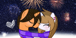 Size: 2000x1000 | Tagged: safe, artist:freakization, oc, oc only, oc:freakii, oc:justcola, pony, unicorn, blushing, bust, clothes, duo, earring, eyes closed, female, fireworks, heart, kissing, male, new year, night, scarf, shared clothing, shared scarf, shipping, snow, snowfall, snowflake, straight, striped scarf, winter