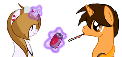 Size: 1500x702 | Tagged: safe, artist:freakization, oc, oc only, oc:freakii, oc:justcola, pony, unicorn, bust, coca-cola, drink, duo, earring, female, headphones, magic, male, necklace, nurse, shipping, simple background, soda can, stars, straight, thermometer, white background