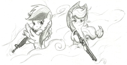 Size: 1148x590 | Tagged: safe, artist:spackle, applejack, rainbow dash, earth pony, pegasus, pony, g4, ar-15, badass, female, food, gun, m4a1, mare, monochrome, mossberg 500, rifle, serious business, shotgun, straw in mouth, wheat