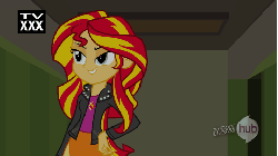 Size: 480x270 | Tagged: safe, artist:mikesouthmoor, edit, edited screencap, screencap, sunset shimmer, equestria girls, g4, all new, animated, caption, female, hub logo, out of context, solo, text, that's what she said, tv rating, walking, wip
