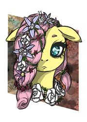 Size: 500x700 | Tagged: safe, artist:discommunicator, artist:scarletvye, fluttershy, g4, :<, alternate hairstyle, colored, eyebrows, female, floppy ears, flower, flower in hair, frown, hair over one eye, looking at you, out of frame, portrait, solo, wingding eyes