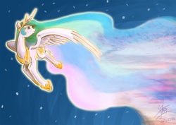 Size: 1191x842 | Tagged: safe, artist:chirpy-chi, princess celestia, g4, female, flying, solo